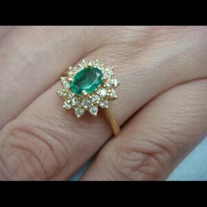 Estate, Vintage, 14k yellow gold, emerald with double diamond halo ring